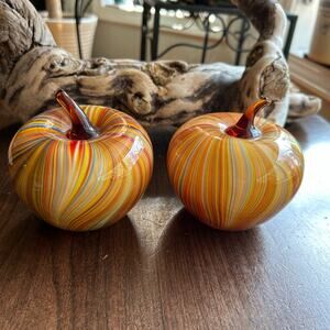2 Art Glass Pumpkins by Two's Company Fall Halloween Autumn Thanksgiving Decor